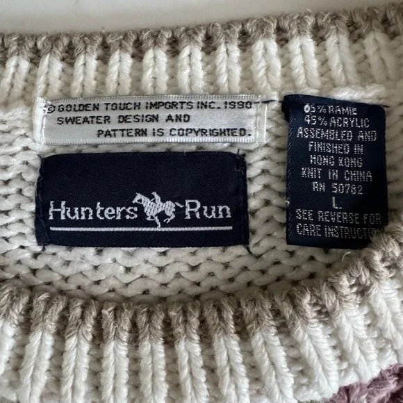 Vintage 80s 90s Hunters Run Tan White Pink Argyle Knit Sweater Size Large - Picture 5 of 8